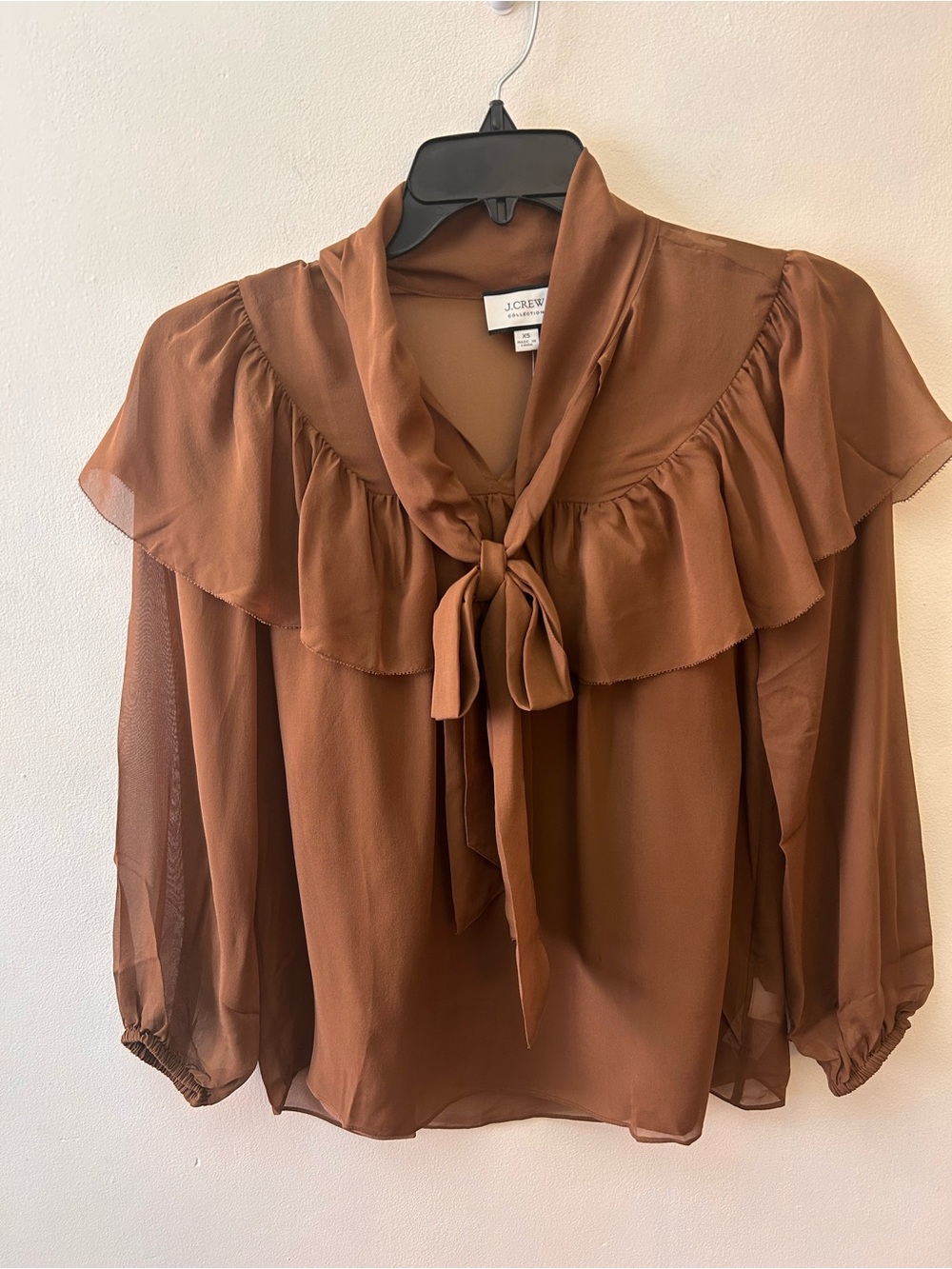 J. Crew Collection brown silk ruffle tie neck blouse size XS